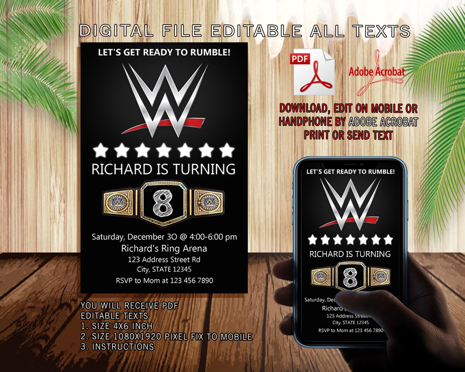 Editable Wwe Invitation Wwe Pdf Birthday Wwe Pdf Editable Etsy