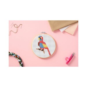 Puede incluir: Un aro de bordado de punto de cruz con un diseño de loro colorido. El loro es rojo, azul, amarillo y verde. El aro está sobre una superficie rosa.