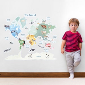Sticker mural carte du monde animal pour chambre d'enfant, chambre d'enfant et salle de jeux | sans PVC | Décalcomanie murale en tissu réutilisable