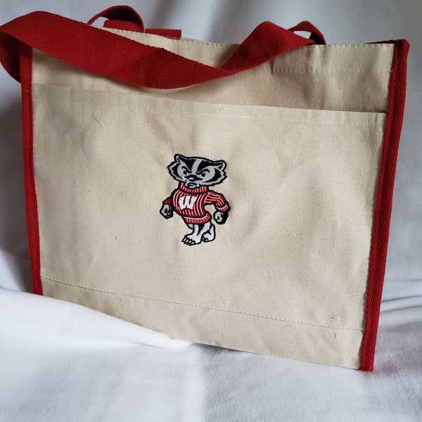 Wisconsin Badger Embroidered Canvas Tote  Bag. Badger fan. Bucky tote.