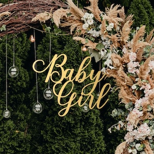 May include: A rustic wooden archway decorated with dried pampas grass, white flowers, and string lights. The archway is adorned with a gold sign that reads "Baby Girl".