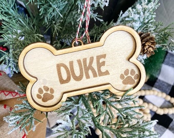 Dog Bone Ornament, Custom Dog Name Ornament, Dog First Christmas, Gifts for Dog Lovers, Custom Pet Ornaments, Wooden Dog Ornament