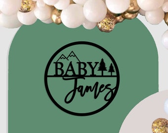 Forest Woodland Name Sign, Adventure Theme Baby Shower Decor, Camping Baby Shower Backdrop, Mountain Nursery Decor Boy