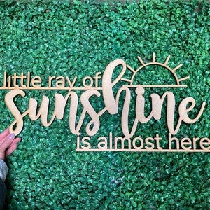May include: A wooden sign with the text "a little ray of sunshine is almost here!" in a cursive font. The sign also features a stylized sun with rays.