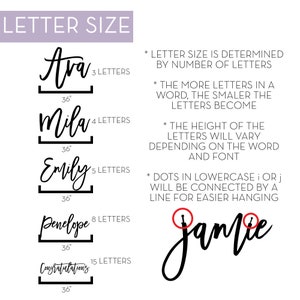 May include: A white graphic showing examples of letter sizes for custom names. The names Ava, Mila, Emily, Penelope, and Congratulations are displayed with their corresponding letter counts and a 36-inch width. Text explains letter size and design details.