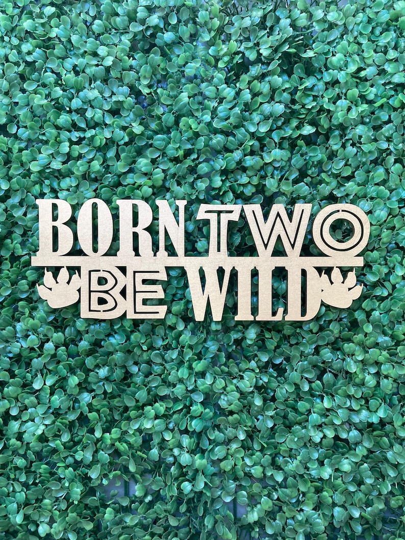 May include: Wooden sign with the text "Born to Be Wild" in gold lettering. The sign has a rustic look and is perfect for a baby shower or birthday party.