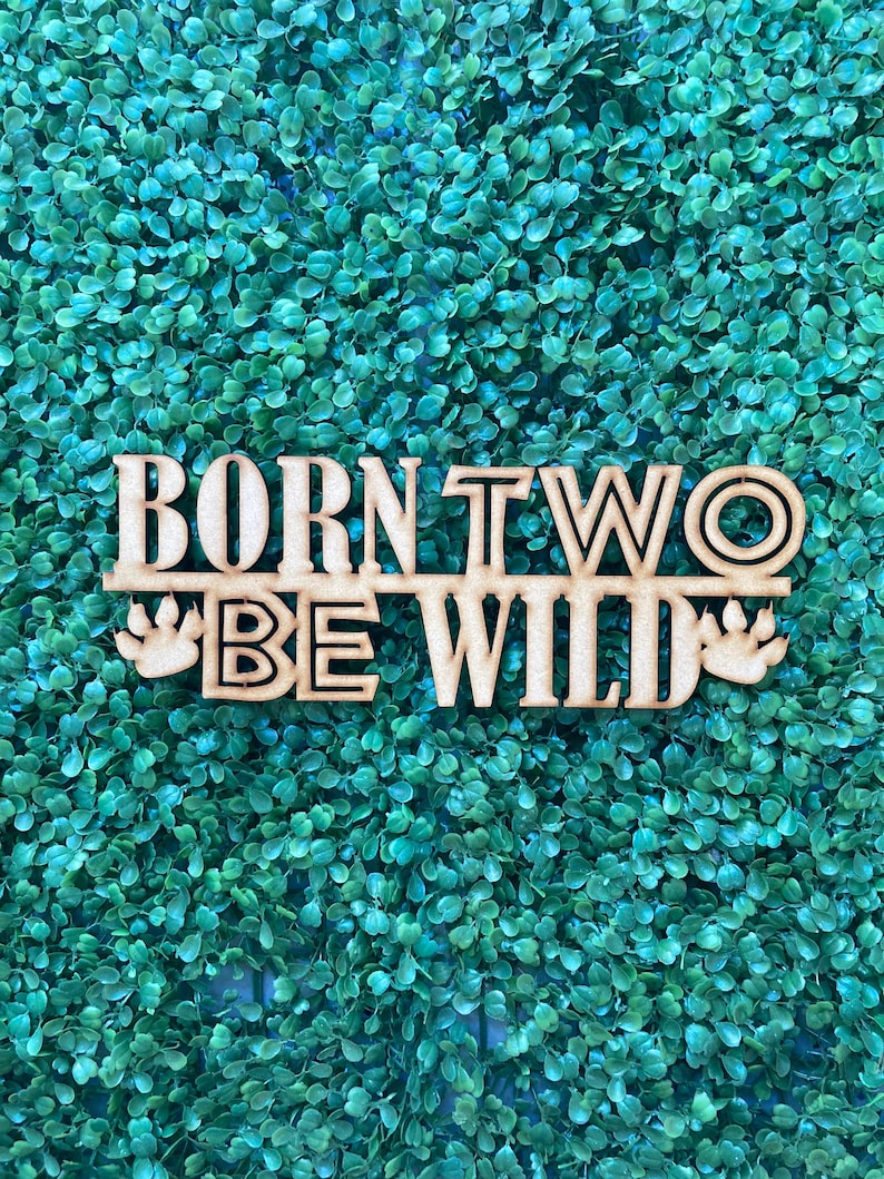 May include: Wooden sign with the text "Born Two Be Wild" in black lettering. The sign is decorated with two paw prints on either side of the text.