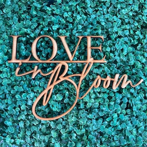 Op de afbeelding: Een houten bord met de tekst "LOVE in BLOOM" in een cursief schrift. Het bord is bruin en is geplaatst tegen een achtergrond van groen kunstmatig gebladerte.