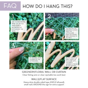 May include: A step-by-step guide on how to hang a wooden sign on a green wall using clear fishing wire or zip ties. The sign is a wooden cutout of the word "home". The instructions show how to tie the wire to the back of the wall and then to the sign. The instructions also mention using heavy-duty double-sided tape or small nails for extra support.