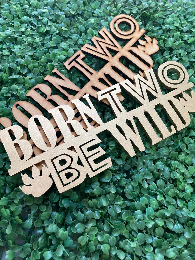May include: Wooden sign with the text "Born Two Be Wild" in a rustic style. The sign is made of two pieces of wood, one with the text "Born Two" and the other with the text "Be Wild".