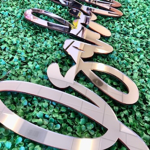 May include: Rose gold mirrored acrylic word cutouts arranged on a green leafy background. The word cutouts are in a cursive font, reflecting the surrounding environment. The shiny, reflective surface of the cutouts contrasts with the green foliage.