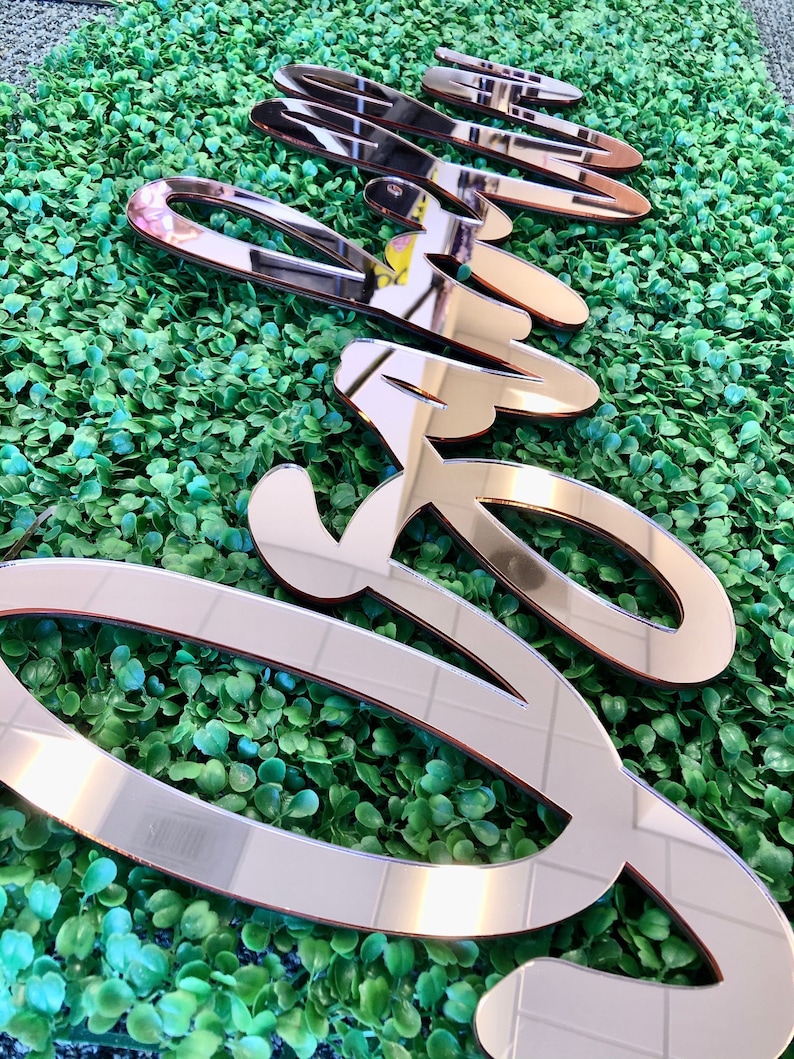 May include: Rose gold mirrored acrylic word cutouts arranged on a green leafy background. The word cutouts are in a cursive font, reflecting the surrounding environment. The shiny, reflective surface of the cutouts contrasts with the green foliage.