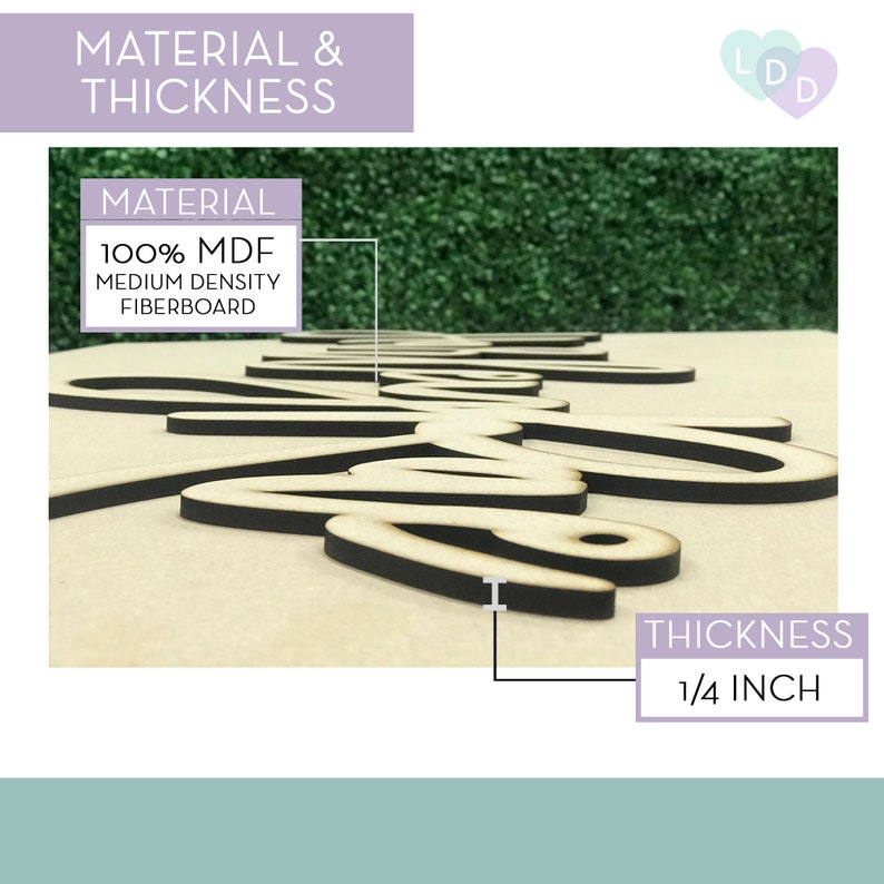 May include: A close-up of a wooden sign with the word "Love" written in cursive. The sign is made of 1/4 inch thick MDF, which is a medium density fibreboard. The sign is painted black and has a natural wood finish.