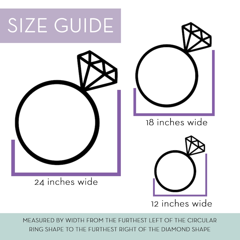 May include: A size guide for rings, showing three different ring sizes with a diamond on top. The sizes are 24 inches wide, 18 inches wide, and 12 inches wide. The guide explains that the size is measured by the width from the furthest left of the circular ring shape to the furthest right of the diamond shape.