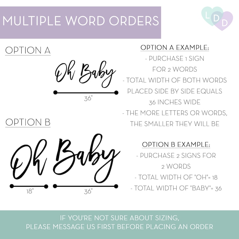 May include: A white background with text explaining multiple word order options for signs. Option A shows "Oh Baby" with a 36-inch width. Option B shows "Oh Baby" with 18-inch and 36-inch widths. Text includes sizing information.
