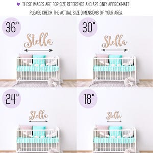 May include: Wooden name sign, "Stella", in four sizes: 36", 30", 24", and 18". Each sign is displayed above a white crib with pastel bedding. The image includes text for size reference. The signs are for nursery decor.