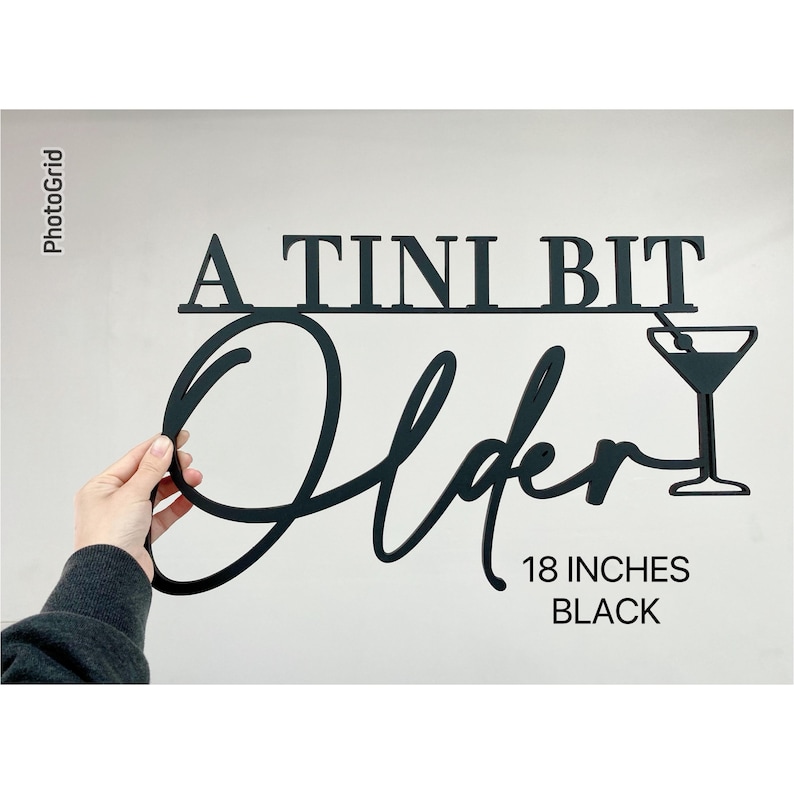 May include: A black metal sign that reads "A TINI BIT Older" with a martini glass graphic. The sign is 18 inches long.