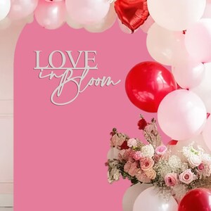 Op de afbeelding: Een roze achtergrond met een wit houten bord waarop "LOVE in BLOOM" staat. De achtergrond is versierd met een krans van roze en rode ballonnen.