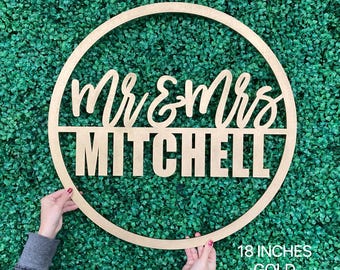 Wedding Last Name Round Sign, Mr and Mrs Wood Cutout, Personalized Sweetheart Table Decor, Wooden Wedding Backdrop Sign