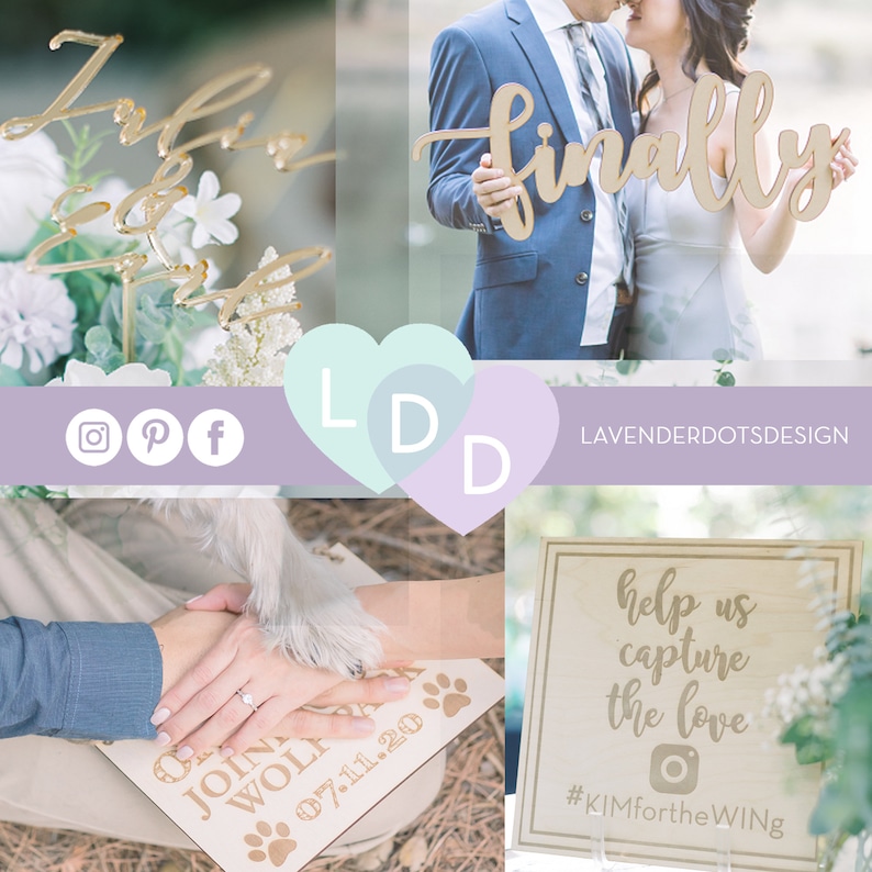 Op de afbeelding: Een houten bord met de tekst "finally" in cursief schrift. Het bord wordt vastgehouden door een stel in een foto met een huwelijksthema. Het bord is lichtbruin van kleur en heeft een rustieke uitstraling. Het stel staat voor een groene achtergrond.