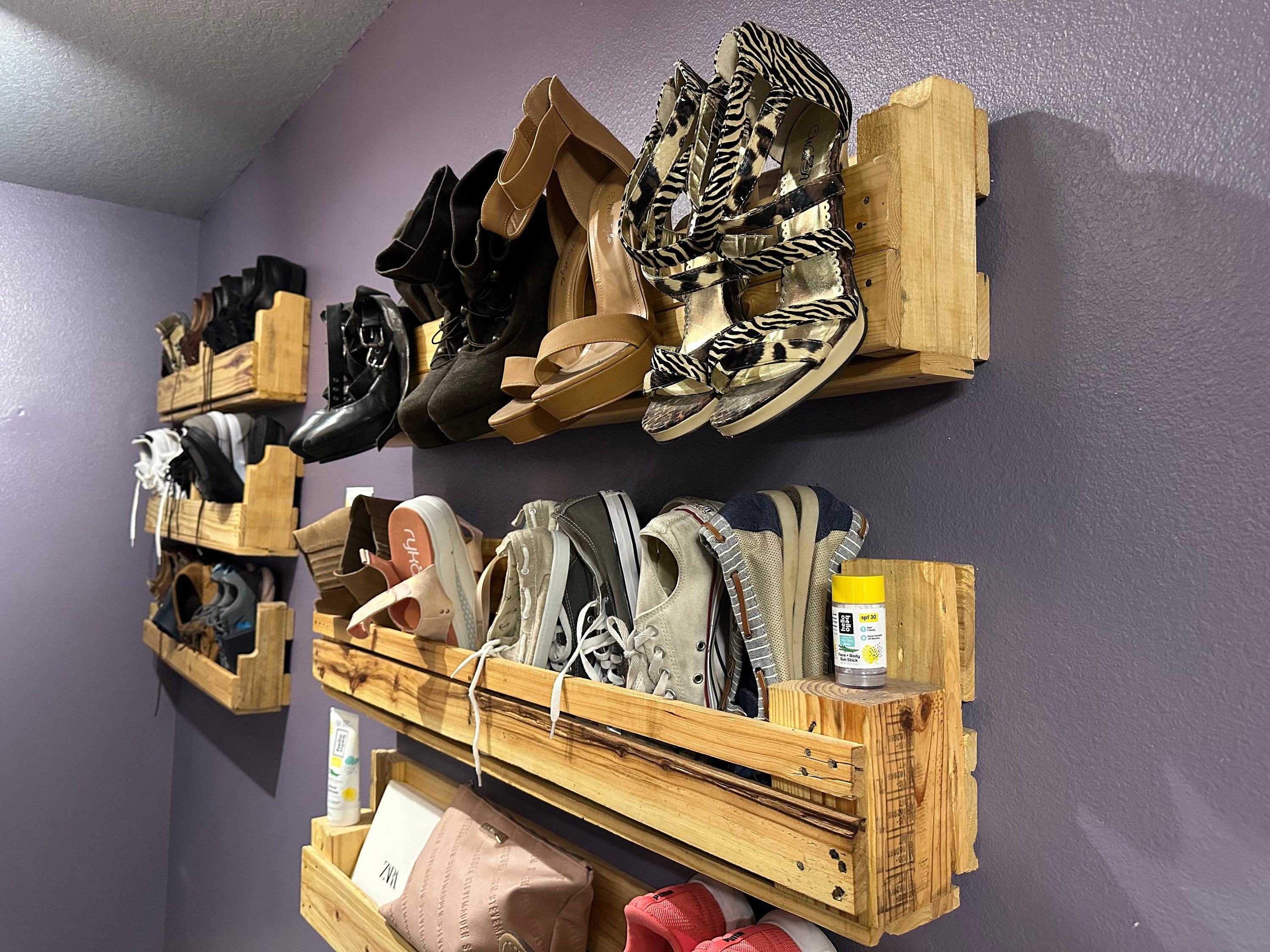 Burnt Wood Wall Mounted Shoe Storage Rack, Entryway Footwear Organizer Holder, Set of 2