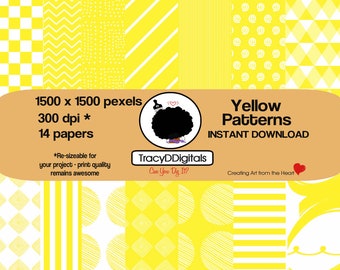 Digital Paper-Yellow Patterns, Fun Digital Paper, Instant Download, Scrapbook, Decoration, Jewelry, Paper beads, blog background, art