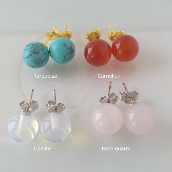 Semi-Precious Gemstones Round Stud Earrings 8mm Size Sterling Silver, Gold Plated