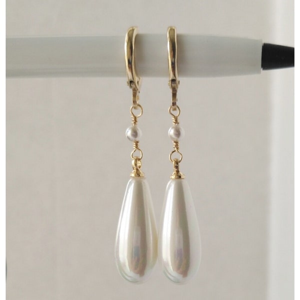 thumbnail image 2 of Retro Teardrop Pearl Earrings – Cream/White Faux Pearl, Gold Tone Hooks, Classic Dangle Style 2 of 2