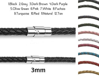Collier cordon en cuir tressé de 3 mm - Ras de cou en cuir - Fermoir magnétique en acier inoxydable - pour homme ou femme
