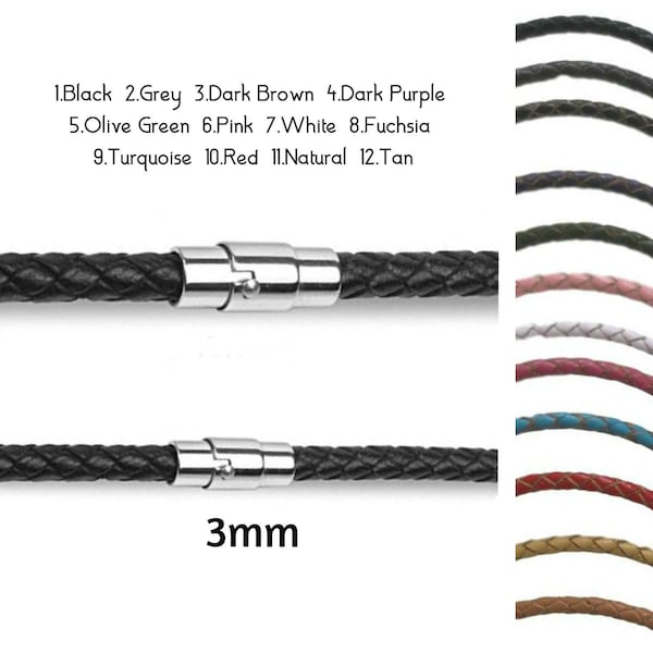 3mm Braided Leather Cord Necklace - Leather Choker - Stainless Steel Magnetic Clasp - for Men or Women