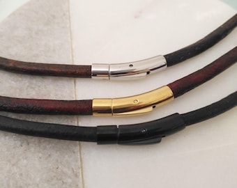 Handmade Leather Cord Necklace – 4mm Antique Brown, Stainless Steel Click Clasp, Easy On & Off, Gold or Black Tone, Tarnish-Resistant