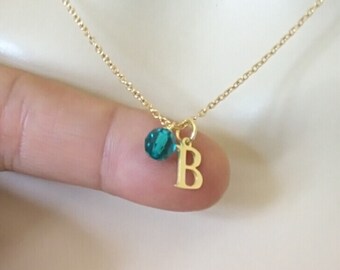 December Birthstone Necklace - Swarovski Blue Zircon crystal charm , Gold Initial Necklace, Silver Custom name necklace