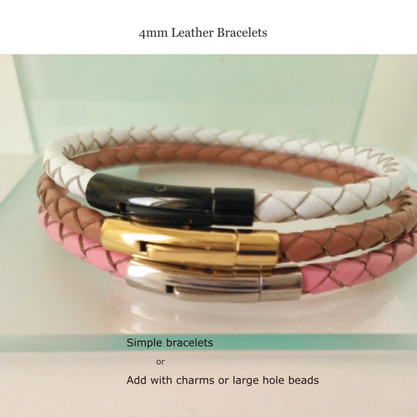 Bracelets en cuir tressé 4 mm pour charms ou pendentifs – Bracelet en cuir pour homme – Fermoir tube à clipser en acier inoxydable