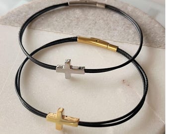 Minimal Gold or Silver Cross Bracelet, Stainless Steel Click On Clasp, Custom Length