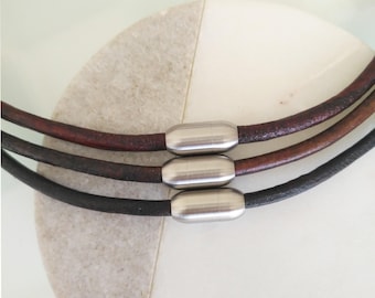 Men's Genuine Leather Cord Necklace • 4mm Magnetic Stainless Steel Clasp • Minimalist Unisex Necklace Choker