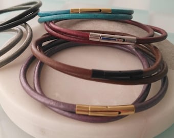 3mm Double Wrap Leather Bracelets for Charms or Pendant, Bracelet for Men & Women, Stainless Steel Click On Clasp, Custom Length