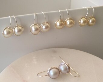 Handcrafted Wire Swarovski Pearl Earrings • Silver or Gold Wire • Elegant Bridesmaids Jewelry • Dainty Gift for Her