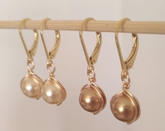 Swarovski Gold Pearl Earrings - Gold Dangle Wire Wrapped Earrings - Bridesmaid Gift