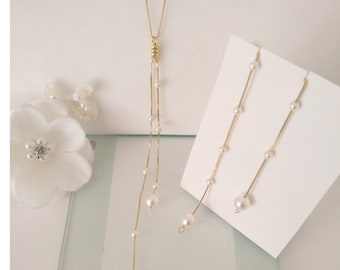 Delicate Pearl Lariat Necklace, Bridal Jewelry, Pearl Earring + Necklace Set, Gold Y Necklace, Long Drop Pearl Necklace, Wedding Jewelry