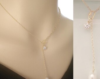 Dainty Star Necklace, CZ Star Gold Necklace,  Gold Lariat Necklace, Y Necklace Sterling Silver, Long Drop Pearl Necklace, Personalized Gift