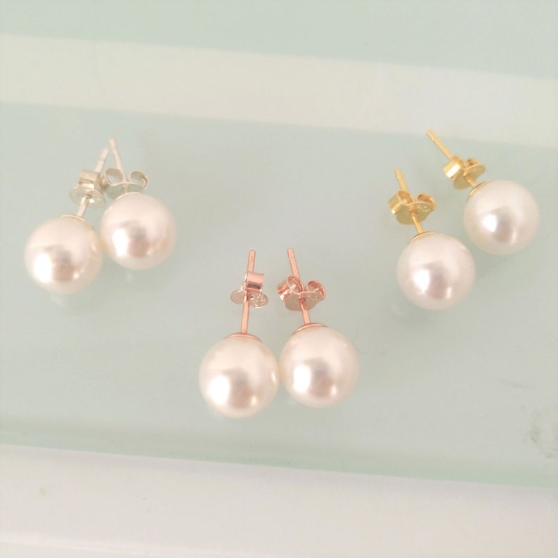 Pearl Stud Earrings Swarovski Glass Pearl Silver/Gold/Rose Gold Bridesmaid Gift image 1