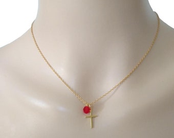 Gold Plated Sterling Silver Cross Necklace with Swarovski birthstone charm, Personalized Necklace, First Communion Gift