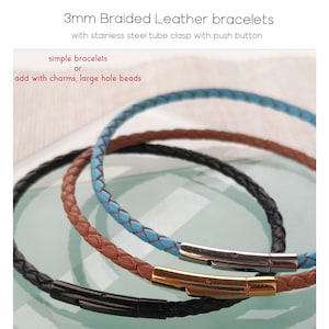 3mm Braided Leather Bracelets for Charms or Pendant, Bracelet for Men & Women, Stainless Steel Click On Clasp, Custom Length
