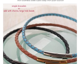 3mm Braided Leather Bracelets for Charms or Pendant, Stainless Steel Click On Clasp, Custom Length