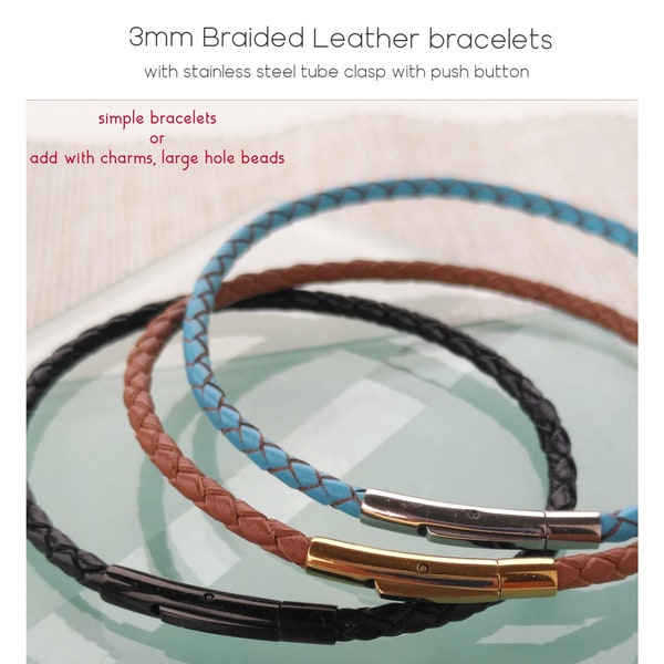 3mm Braided Leather Bracelets for Charms or Pendant - Stainless Steel Click On Clasp - Bracelet for men - Custom Length