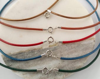 2mm Leather Cord Choker Necklace with Sterling Silver Spring Clasp, Thin Leather Cord Necklace for pendant, Custom Length