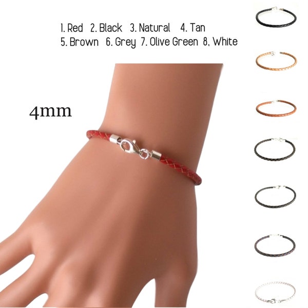 4 mm gevlochten leren armband voor bedelhanger - 925 sterling zilveren sluiting - aangepaste lengte - voor mannen of vrouwen