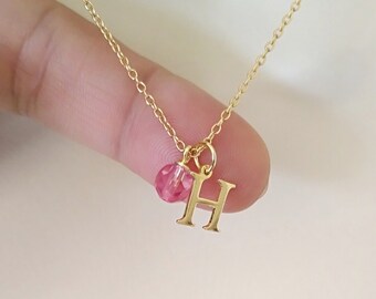 October Birthstone Necklace, Swarovski Rose crystal charm, Gold name necklace, Silver Initial Necklace