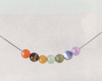 Rainbow Gemstone Necklace – Sterling Silver – Floating Gemstones