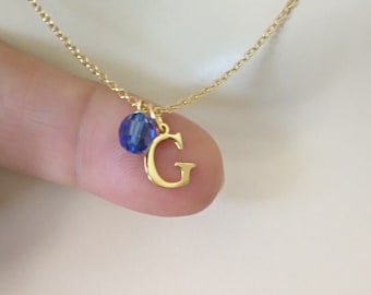 September Birthstone Necklace - Swarovski Sapphire crystal charm , Silver Initial necklace, Gold custom name necklace